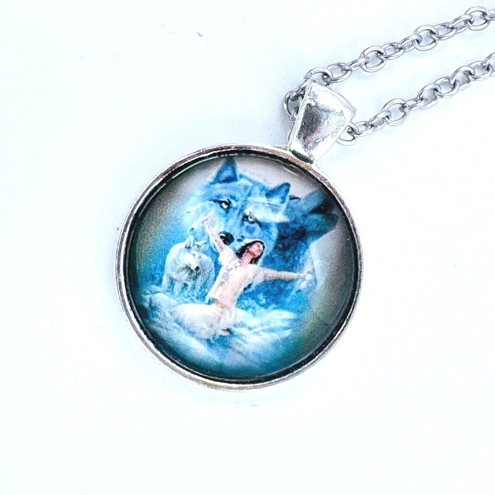 Wolf and Woman Pendant Necklace Silver Tone Chain Unique‎ Fantasy Native Tribal